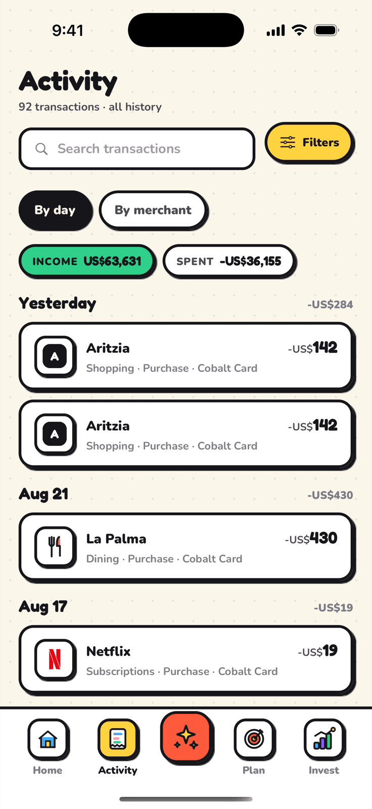 North Memory Activity on iPhone: transactions grouped by day with merchant marks