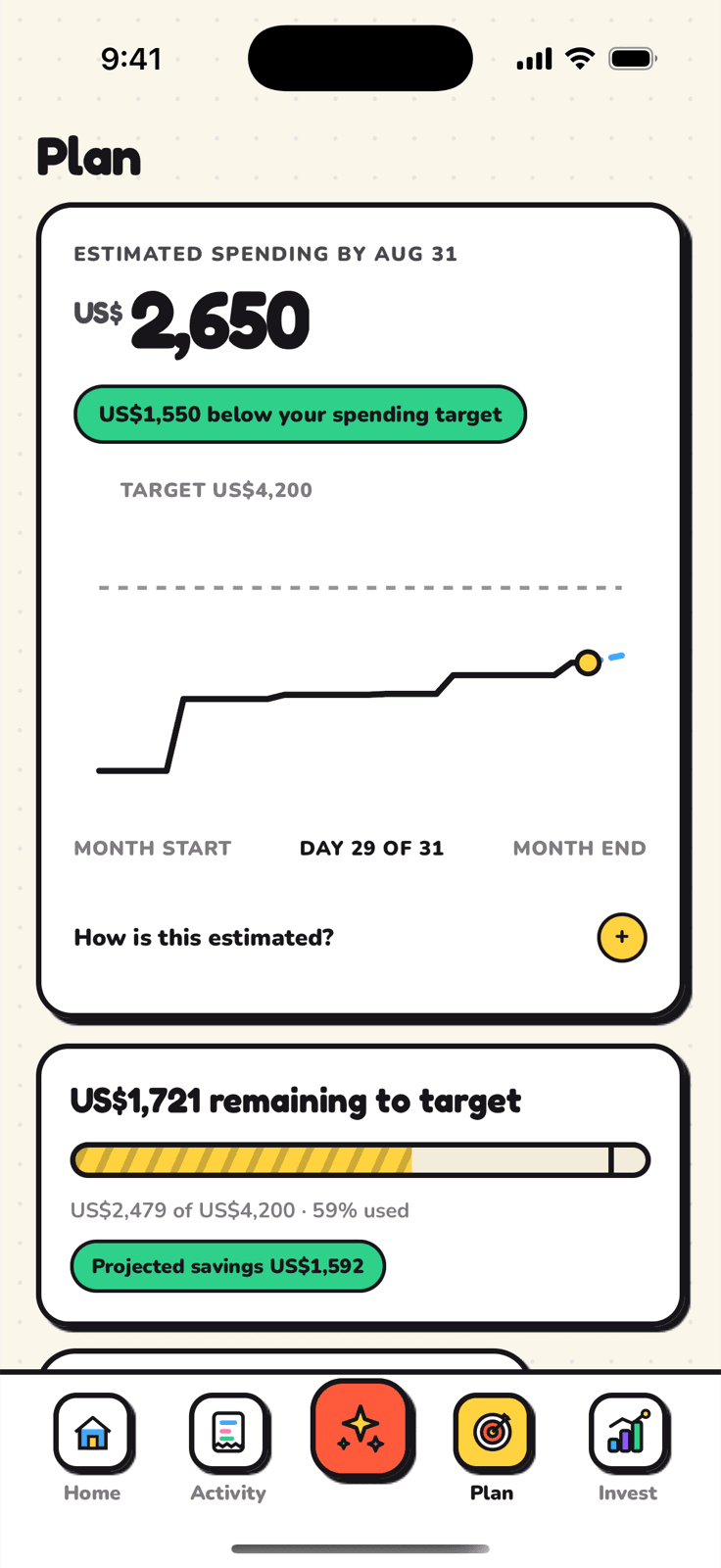 North Memory Plan tab showing estimated spending by month end against a target